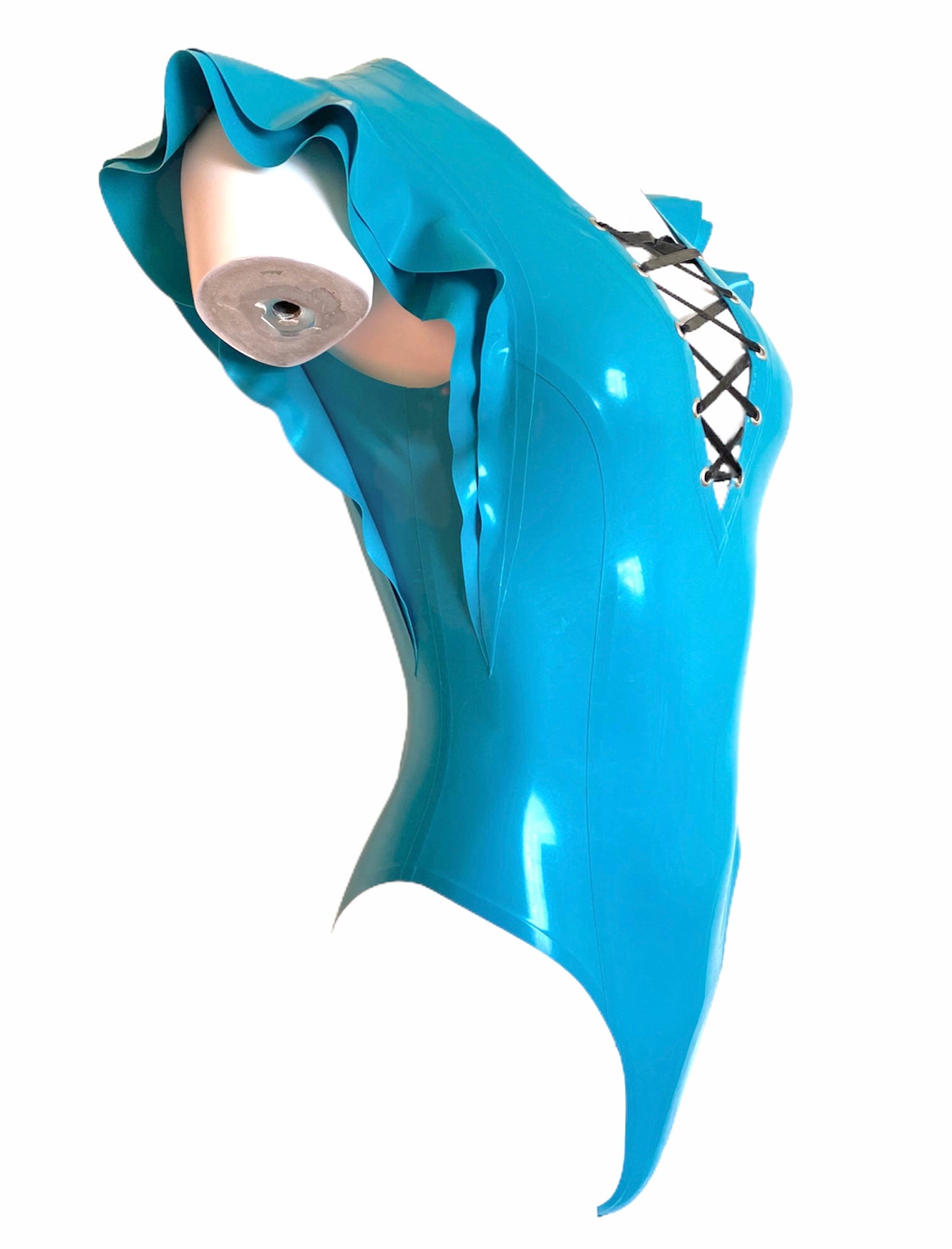 Latex Cap Sleeve Body Suit with Lace Up Cleavage