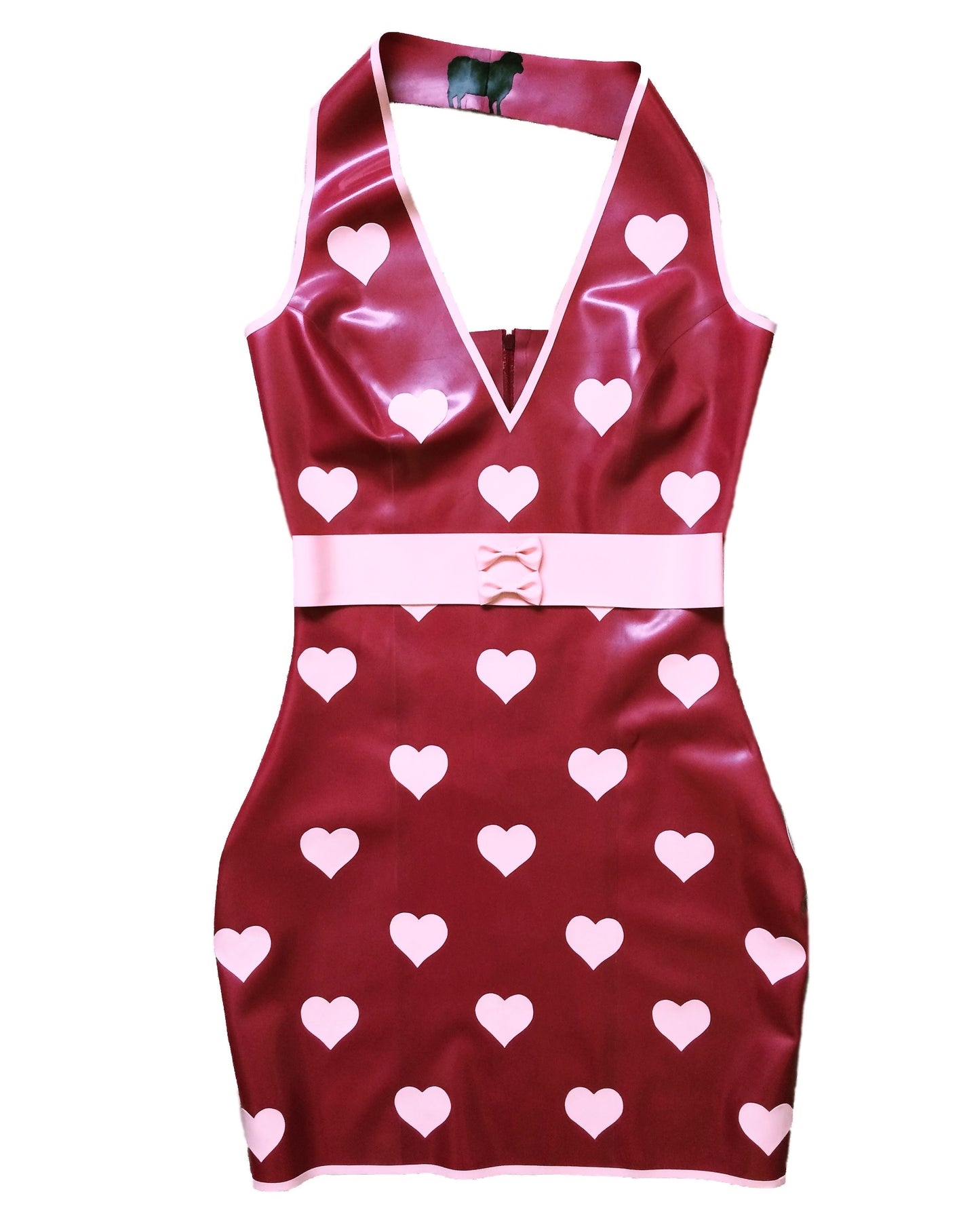 Latex Polka Heart Halter Mini Dress with Bow Belt