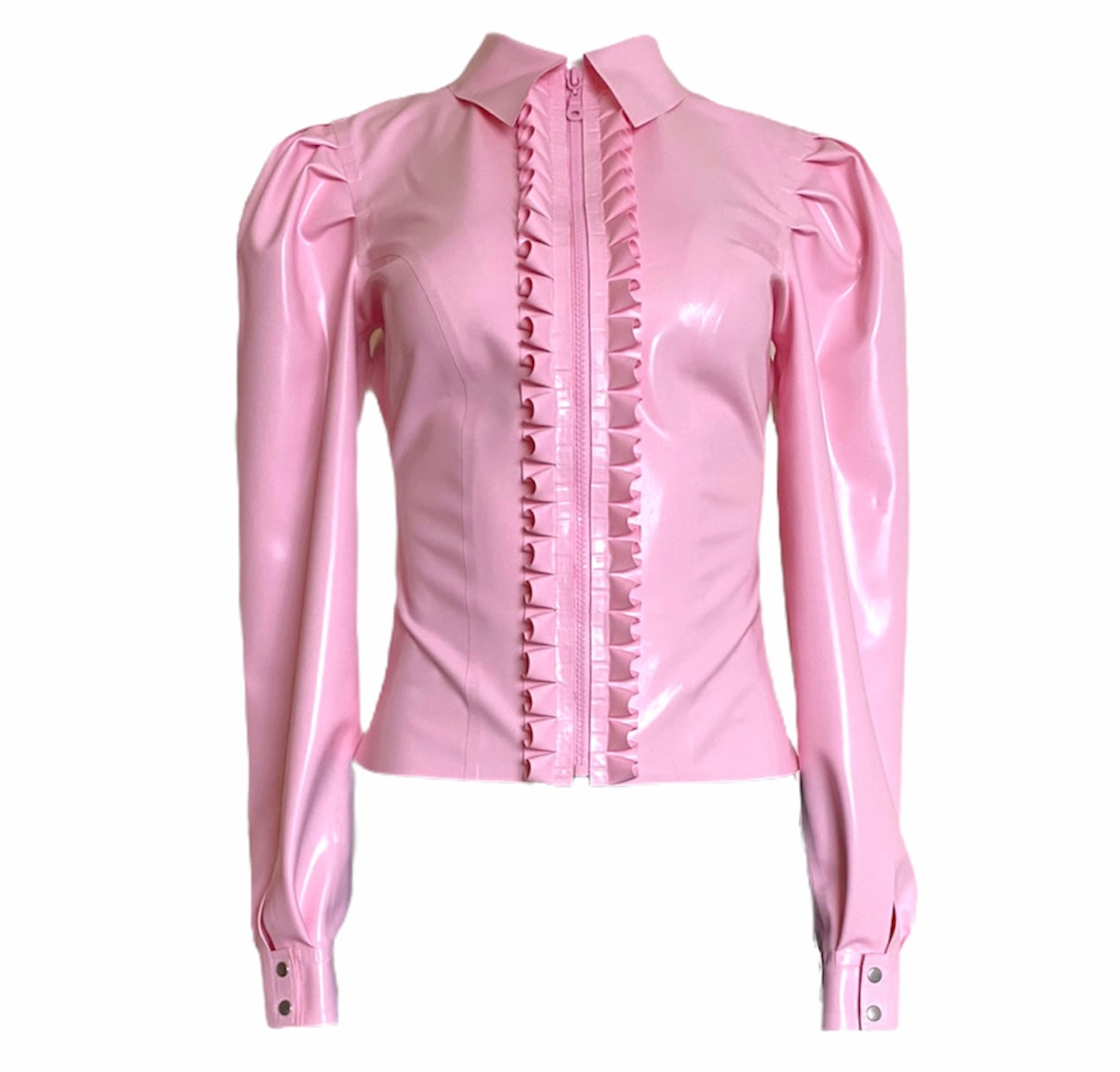 Latex Long Sleeve Ruffle Zip Front Blouse