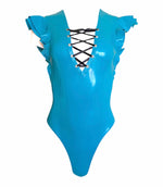 Latex Cap Sleeve Body Suit with Lace Up Cleavage