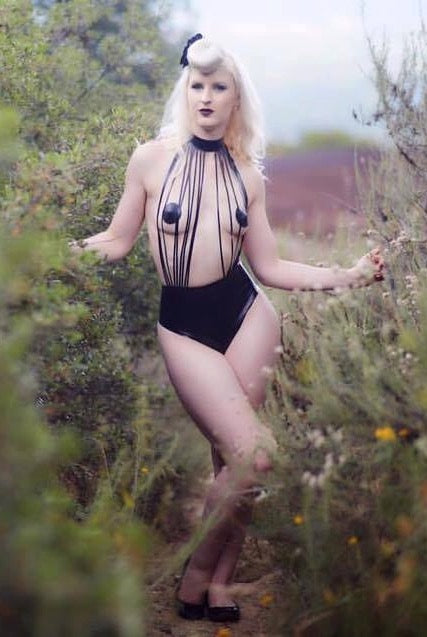 Latex High Collar Strand Front Bodysuit with Pasties