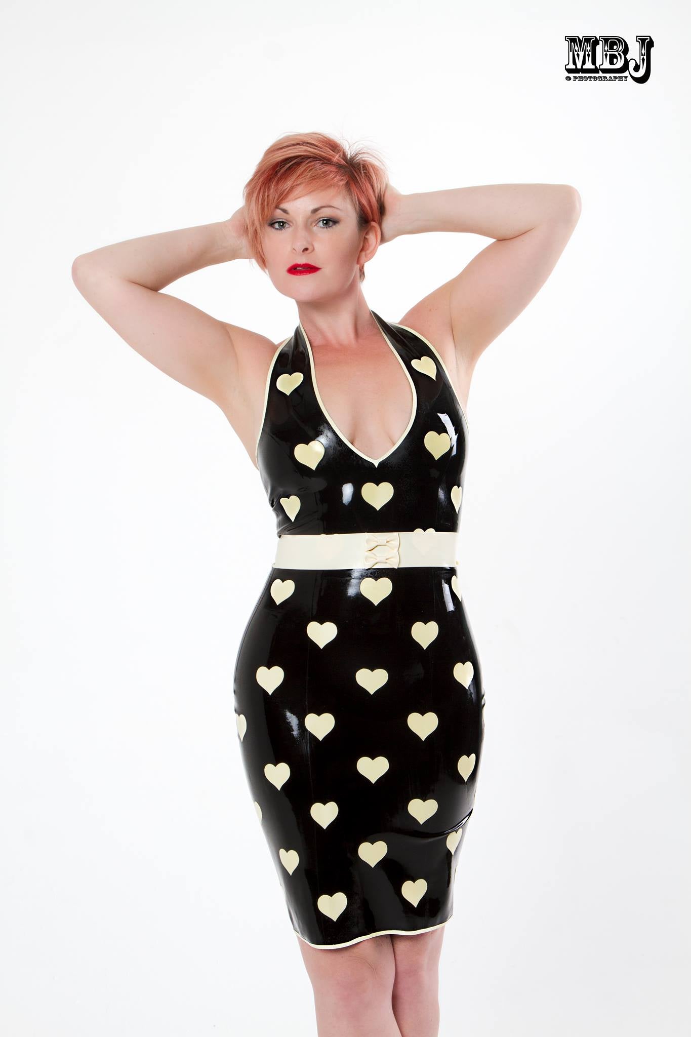 Latex Polka Heart Halter Pencil Dress with Bow Belt