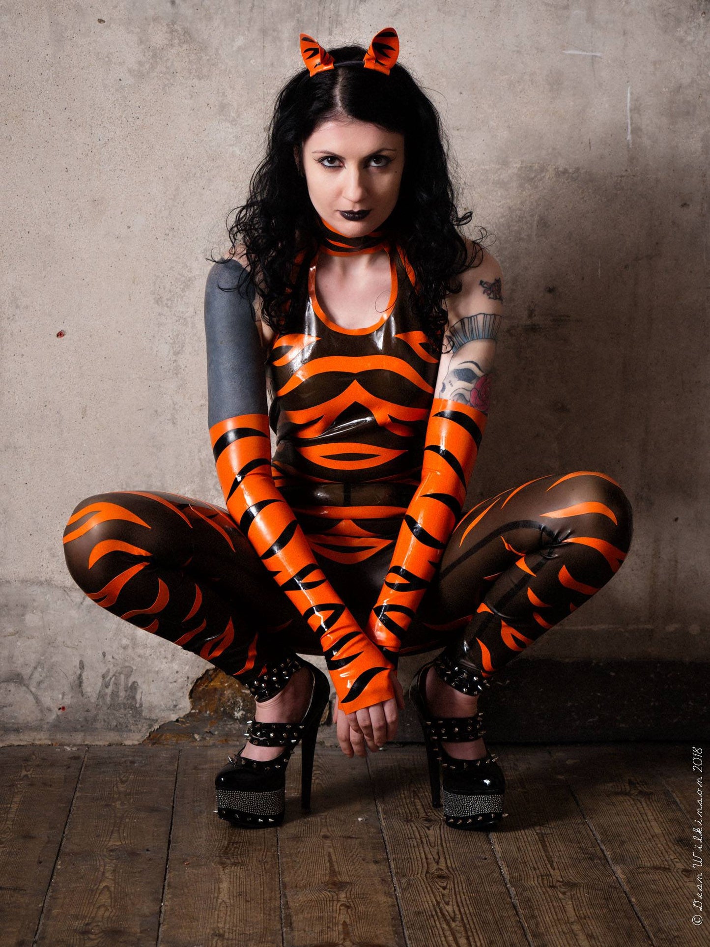 Latex Tiger Stripe Halterneck Catsuit