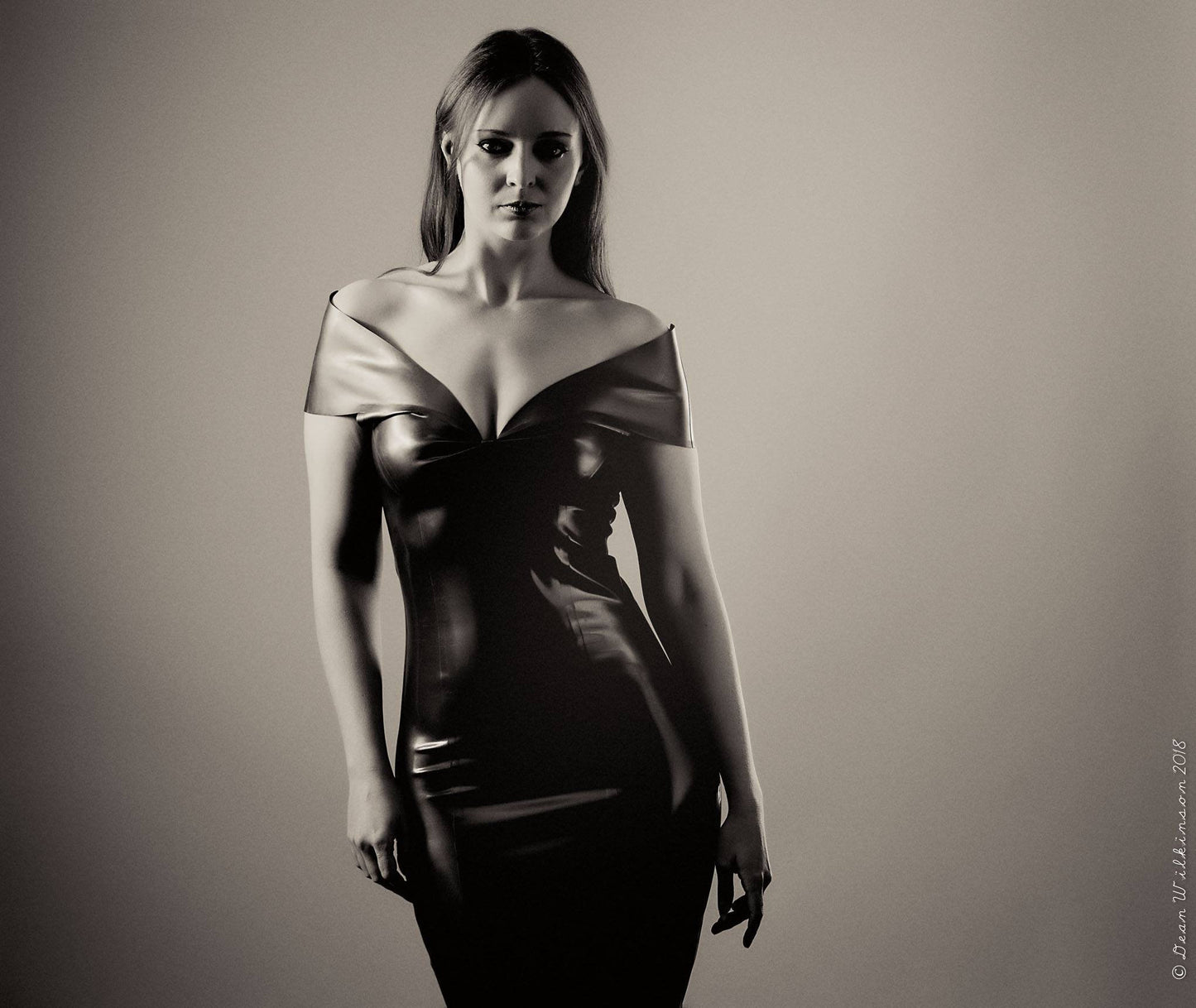 Latex Off The Shoulder Knee Length Dress