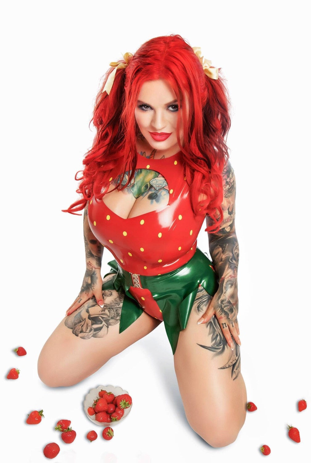 Latex Strawberry Body Suit & Leaf Peplum Belt