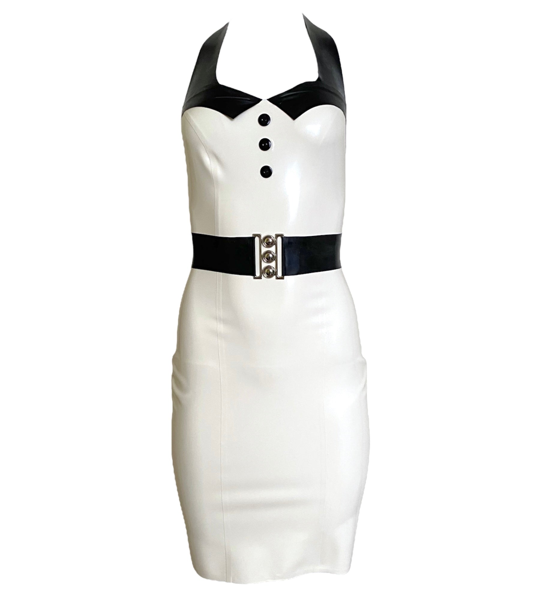 Latex Halterneck Pinup Knee Length Dress with Belt Black Sheep Latex Latex Halterneck Pinup Knee Length Dress with Belt Black Sheep Latex
