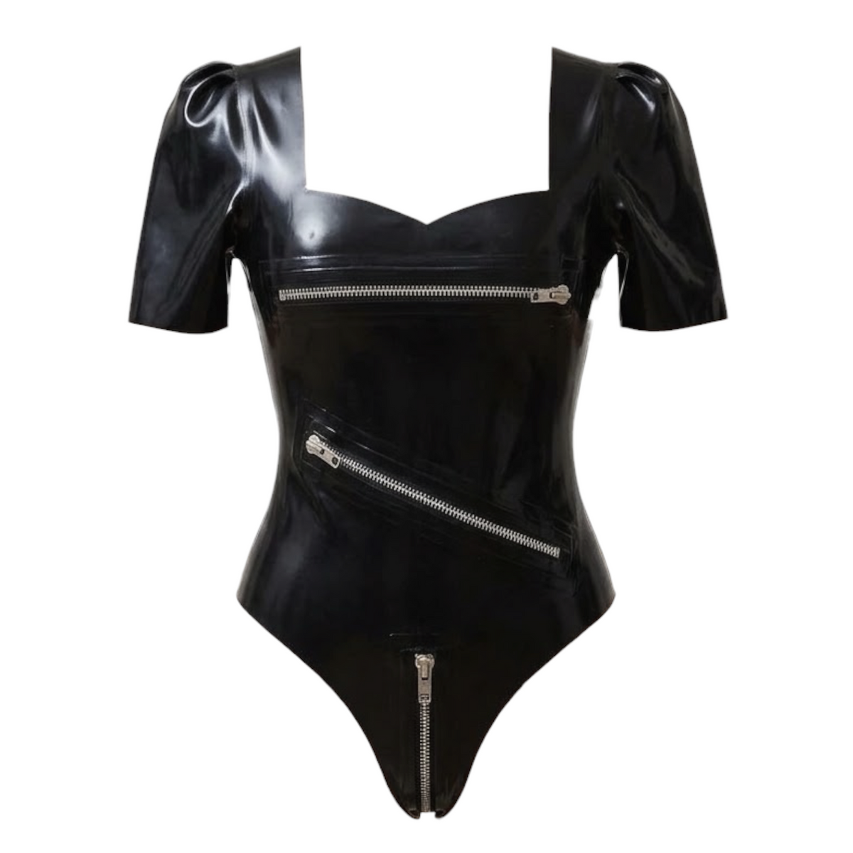 Latex Metal Zip Puff Sleeve Body Suit