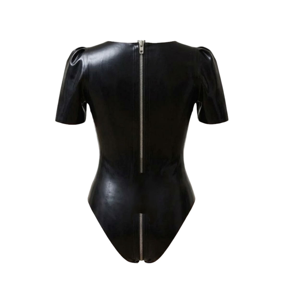 Latex Metal Zip Puff Sleeve Body Suit