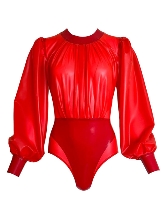 Latex Pleated Bodysuit with Peasant Sleeves