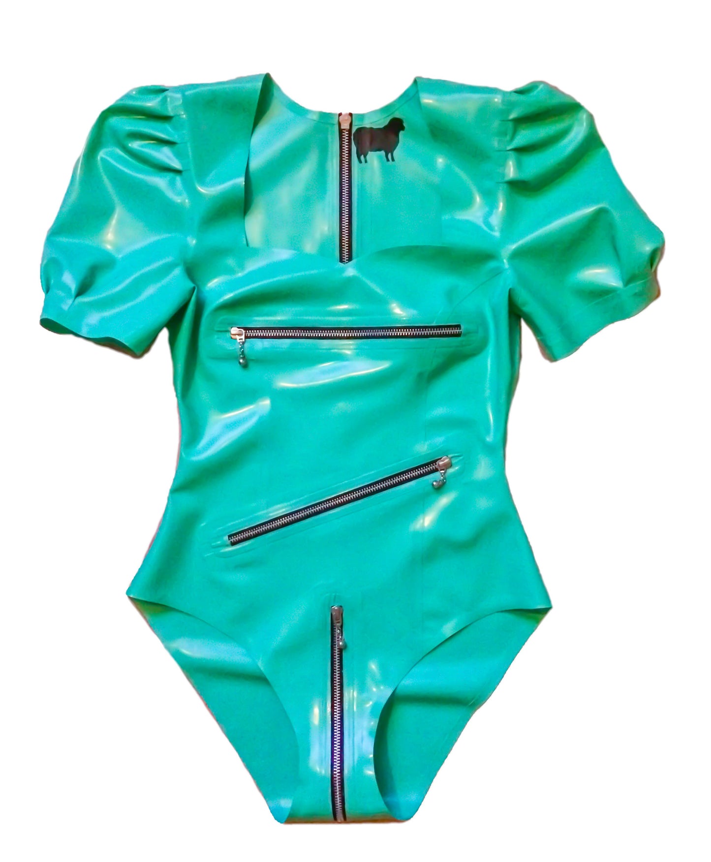 Latex Metal Zip Puff Sleeve Body Suit