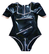 Latex Metal Zip Puff Sleeve Body Suit
