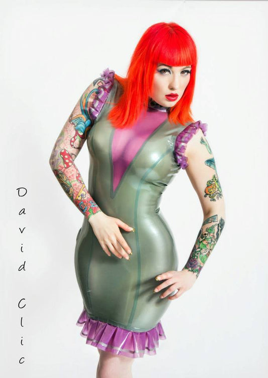 Latex Cleavage Midi Dress with High Neck